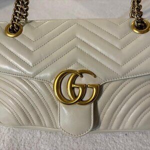 Authentic Gucci GG Marmont Matelasse OffWhite Leather Flap Shoulder Handbag